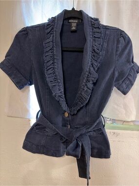 Navy Ruffled Short-Sleeve Jean Jacket with Belt